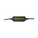 A black audio adapter with a logo, featuring a connector cable on either end.