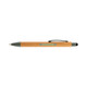 A bamboo pen and stylus featuring a silver tip and clip, with a logo on the barrel.