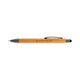 A bamboo pen with a black stylus tip and grey accents, featuring a branding logo on the barrel.