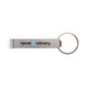 A drink bottle opener keytag in metallic silver with a circular keyring and a logo.