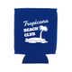 A blue stubby holder featuring a palm tree design and a logo. Ideal for keeping drinks cool.