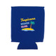 A blue stubby cooler featuring a logo with a palm tree and tropical island design.