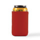A red stubby cooler holding a can, designed to keep drinks cold. It features a simple, smooth design.