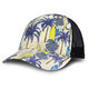 A custom mesh cap featuring a tropical pattern with palm trees and surfboards, primarily in yellow and green tones.