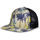 A flat peak cap with a vibrant palm tree and surfboard pattern, featuring a black mesh back. A flat peak cap with a vibrant palm tree and surfboard pattern, featuring a black mesh back.