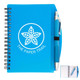 A blue spiral notebook with a pen attached, featuring a logo on the cover and lined pages inside. A blue spiral notebook with a pen attached, featuring a logo on the cover and lined pages inside.