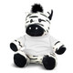 A plush zebra toy with black and white stripes, wearing a white shirt, featuring a black tuft on its head. A plush zebra toy with black and white stripes, wearing a white shirt, featuring a black tuft on its head.