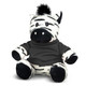 A plush zebra toy with black and white stripes, wearing a grey hoodie, featuring a tuft of black hair on its head. A plush zebra toy with black and white stripes, wearing a grey hoodie, featuring a tuft of black hair on its head.