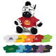 A plush zebra toy with black and white stripes, wearing a red T-shirt and surrounded by various coloured shirts.