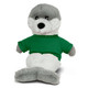A grey and white seal plush toy wearing a green shirt, sitting upright with a friendly expression.