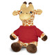 A plush giraffe toy with brown and yellow spots, wearing a red shirt and featuring a smiling face.