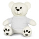 A plush toy bear in white with a friendly face and black accents, wearing a plain white shirt.