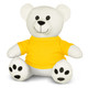 A white plush bear toy wearing a yellow shirt, featuring black paw prints and a friendly smile.
