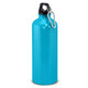 A drink bottle in bright blue, crafted from metal and featuring a black cap and a carabiner clip.