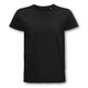 A black organic T-shirt with a classic crew neck design and short sleeves, featuring a logo. A black organic T-shirt with a classic crew neck design and short sleeves, featuring a logo.