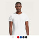 A white organic t-shirt for men, featuring a simple design and a logo on the sleeve. Available in multiple colours.