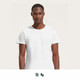 A plain white men's organic T-shirt featuring a round neck and short sleeves, displayed on a model.
