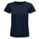 A women's organic T-shirt in navy blue with a round neck and short sleeves, featuring a logo.