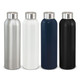 A drink bottle set featuring four aluminium bottles in silver, white, navy blue, and black, each with a metal lid.
