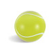 A bright yellow tennis ball with white stripes, featuring a logo on the surface.