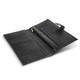 A black leather passport wallet with multiple card slots and a zippered pocket, featuring a branding logo.
