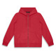 A red unisex hoodie with a front zip, two pockets, and a hood. Features a logo.