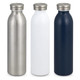 A drink bottle trio featuring stainless steel, matte white, and navy blue finishes, all with metallic caps.