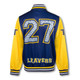 A navy and yellow varsity jacket featuring a large number 27 and the word "LEAVERS" on the back, with a logo displayed.