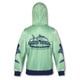 A mint green zipped hoodie featuring a logo on the back, with navy blue accents on the sleeves and hem.