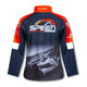A navy and red women's premium softshell jacket with a logo and racing-themed graphic on the back.