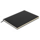 A large black soft cover notebook with a ribbon marker and blank pages, featuring a logo on the cover.