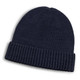 A navy blue merino wool beanie with a ribbed design and a folded cuff. It features a small logo. A navy blue merino wool beanie with a ribbed design and a folded cuff. It features a small logo.