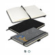 A grey felt hard cover notebook with an elastic band, featuring an open and closed view. It has a logo on the cover.
