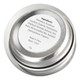 A silver lip balm tin with a round shape, showing a label with ingredient details on the top.
