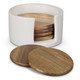 A set of wooden coasters in a white holder, featuring a natural wood finish and a smooth design.