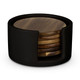 A set of wooden coasters in a black holder, featuring a smooth finish and circular design.