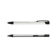 A metal pen in black and silver, featuring a sleek design and a clip for attachment. It has a logo.