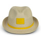 A beige fedora hat with a yellow band and a blank square patch on the front.