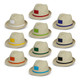A collection of beige fedora hats with various coloured bands, including green, blue, orange, and yellow, displayed in rows. A collection of beige fedora hats with various coloured bands, including green, blue, orange, and yellow, displayed in rows.
