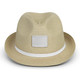 A straw fedora hat in light beige with a white band, featuring a blank patch for branding. A straw fedora hat in light beige with a white band, featuring a blank patch for branding.