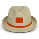 A straw fedora hat in light beige with an orange band and a blank area for branding. A straw fedora hat in light beige with an orange band and a blank area for branding.