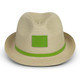 A Bruno Fedora Hat in a light beige colour with a green band and a blank logo area. A Bruno Fedora Hat in a light beige colour with a green band and a blank logo area.