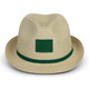 A tan fedora hat featuring a green band and a square patch area for branding. A tan fedora hat featuring a green band and a square patch area for branding.