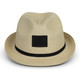 A beige fedora hat with a black band and a blank patch on the front. A beige fedora hat with a black band and a blank patch on the front.