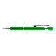A green aluminium pen with silver accents and a clip, designed for writing. It has a textured grip.