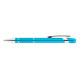 A metal pen in bright blue with silver accents and a clip, featuring a logo.