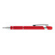 A red metal pen with silver accents and a clip, featuring a textured grip. It has a logo on the barrel.
