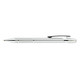 A metallic silver pen with a grip section and a clip, featuring a branding logo.