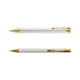 A metallic pen featuring a silver body and gold accents, displayed from two angles. The design includes a branding logo.