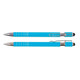 A blue Helix Pen and Stylus set, featuring shiny silver accents and a clip, presented side by side.